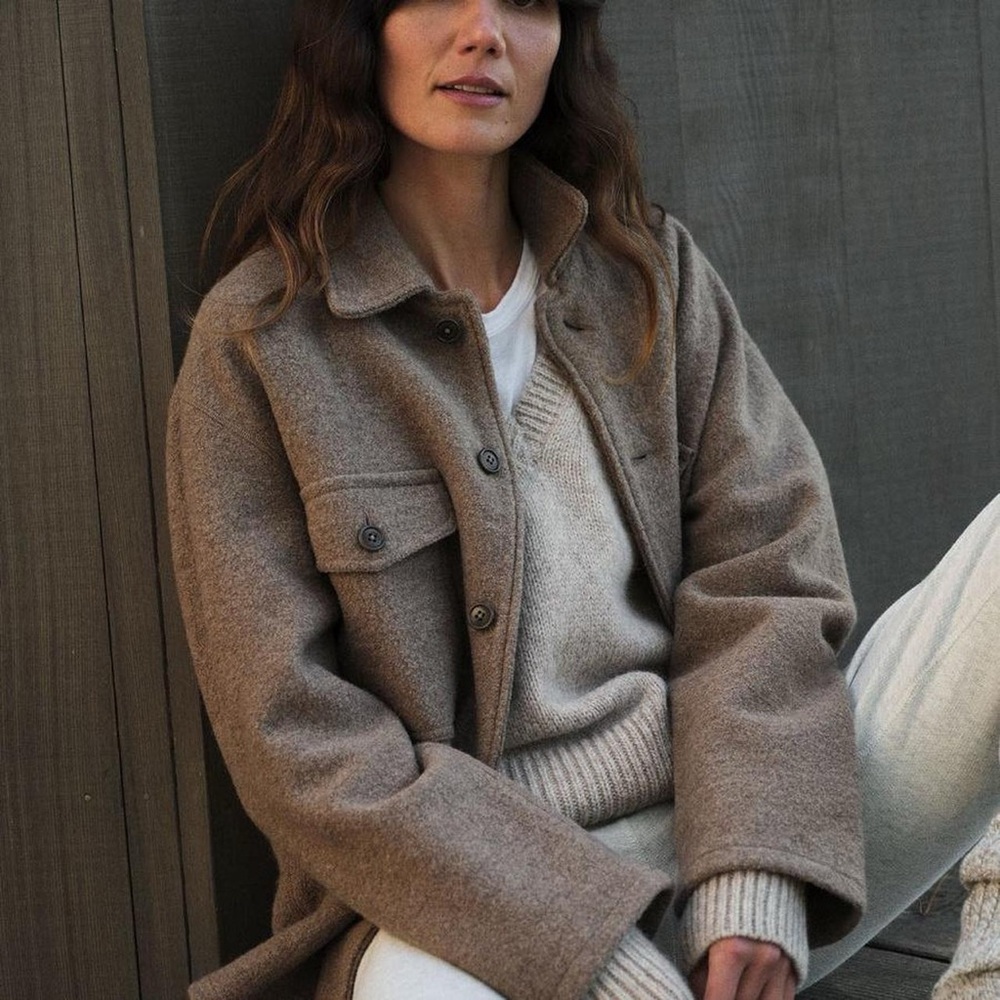 Buck Mason Felted field shirt 
in Marled Deep Khaki